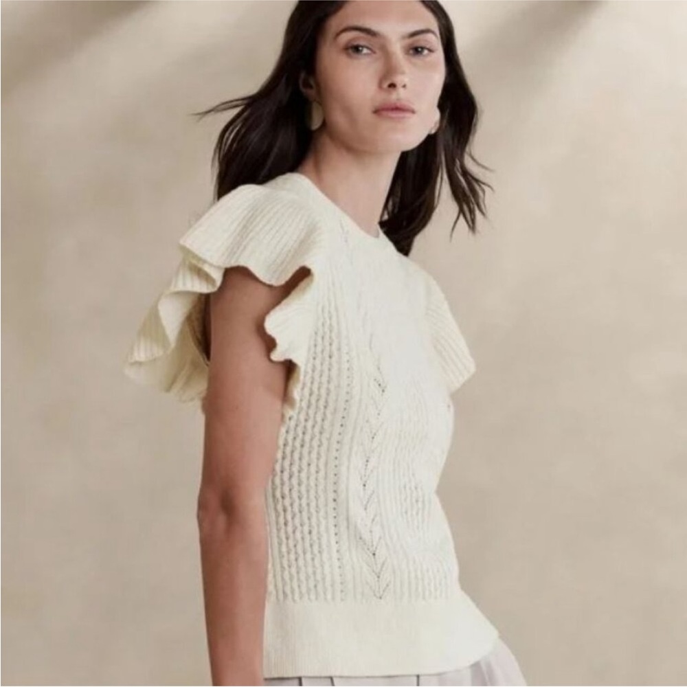Banana Republic ruffle sleeve cable vest, Ivory, XS, NWOT